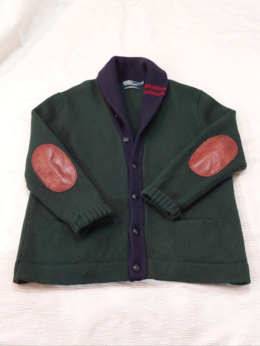 Vtg Polo RL Dark Green Shawl Collar Cardigan With Elbow Patches Size XXL